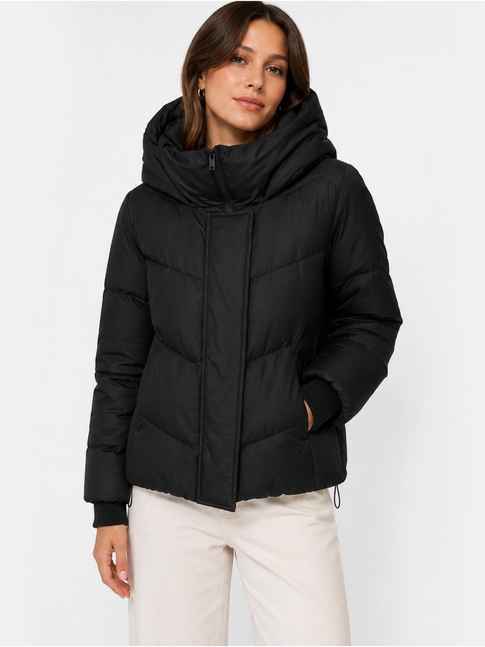 Black Puffer Jacket with Hood - Women